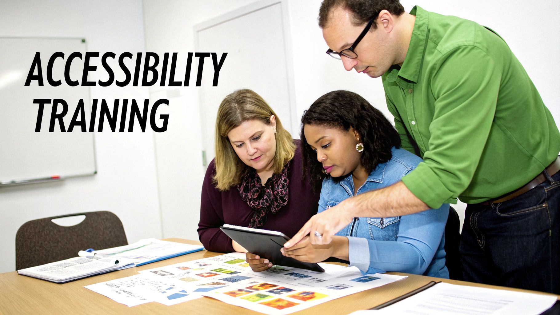 Three diverse colleagues collaborating on digital accessibility training, looking at a tablet and documents.