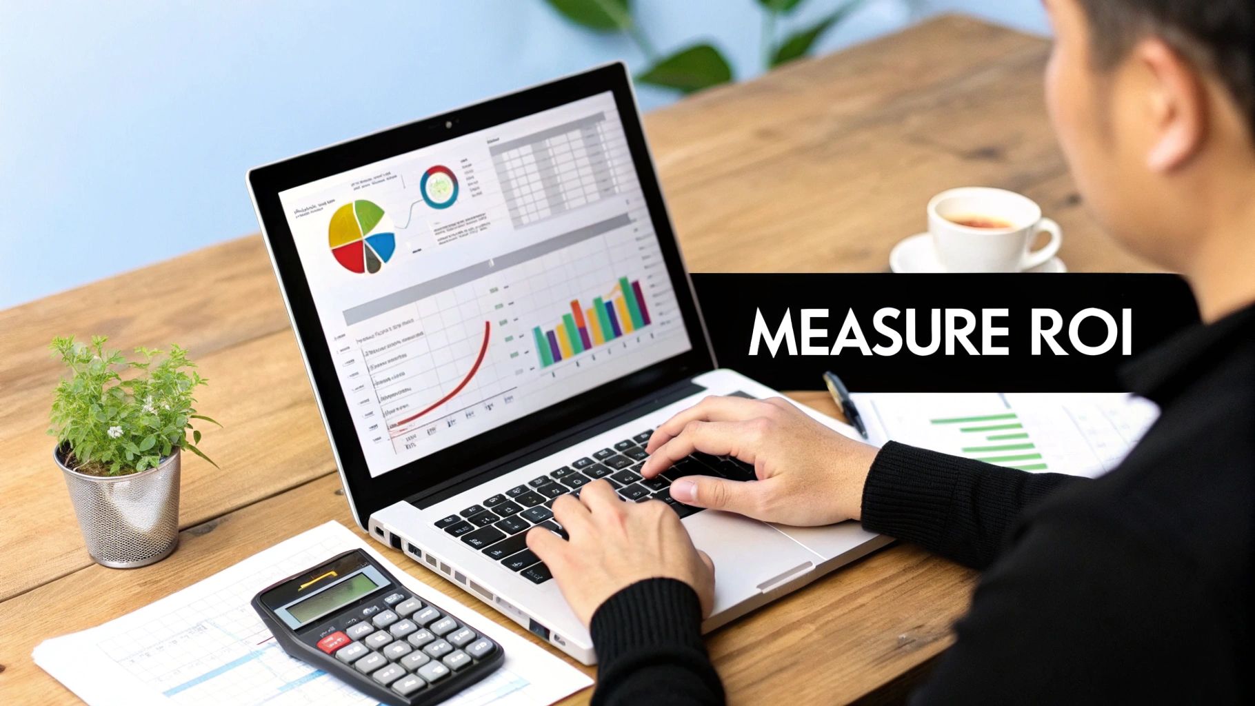 A person analyzes ROI data on a laptop, with a calculator and coffee on a wooden desk.