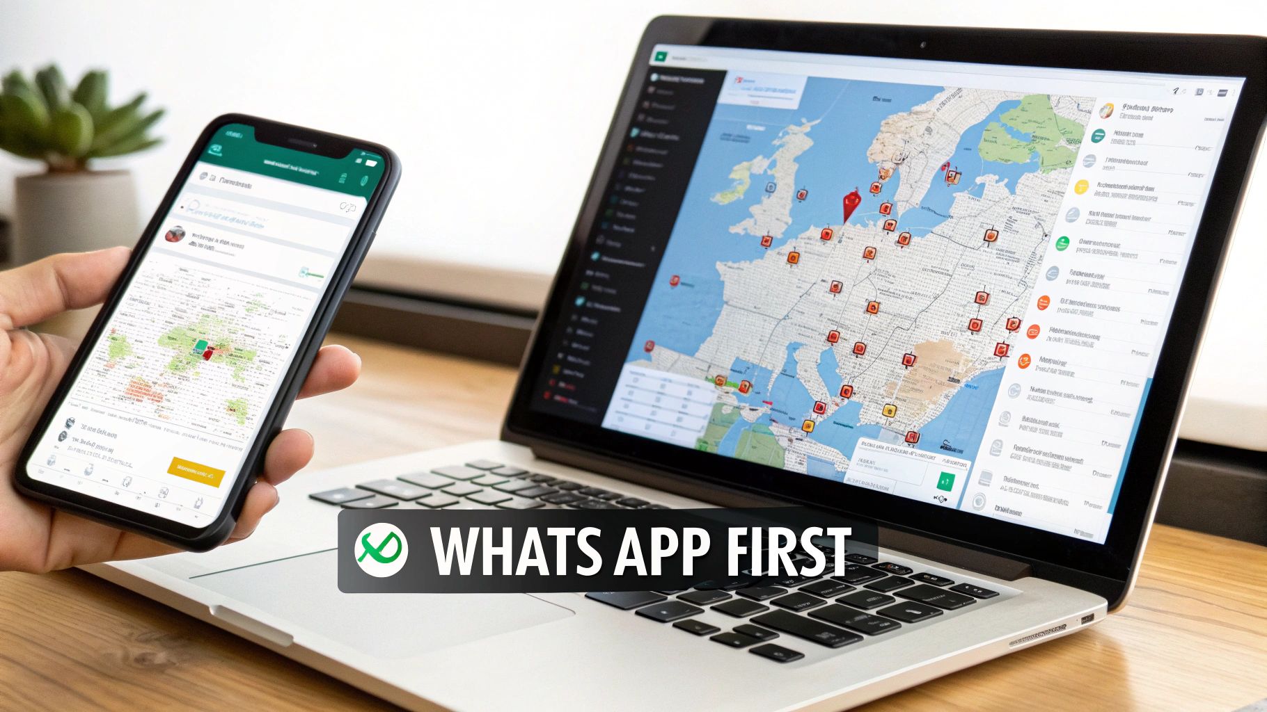 A person holds a smartphone displaying a map application, next to a laptop showing a global map with many data points.