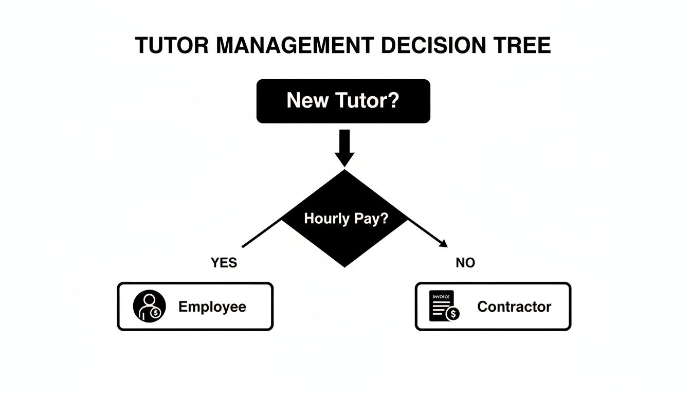 A decision tree for tutor management, determining if a new tutor is an employee or contractor based on hourly pay.