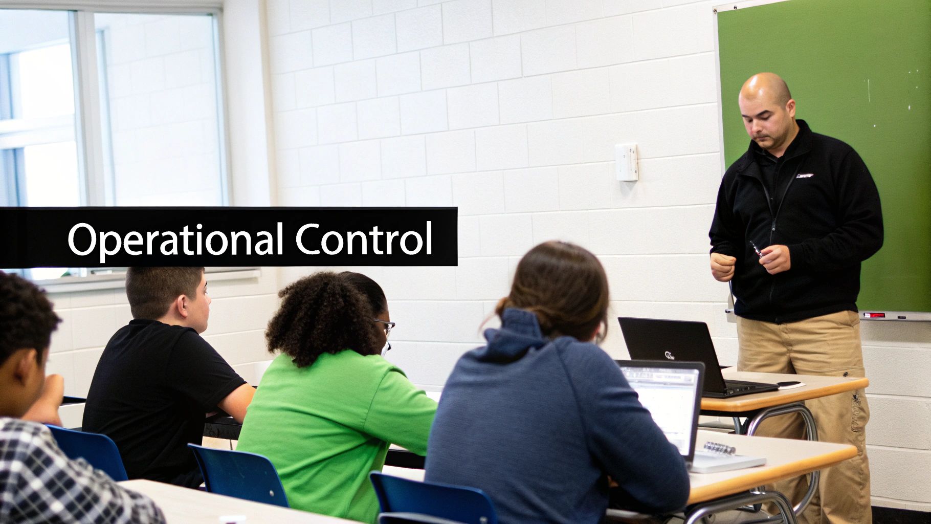 A male teacher instructs students in a classroom with 'Operational Control' text overlay.