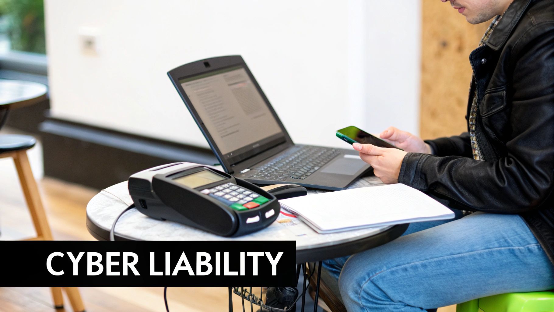 A person using a laptop and smartphone next to a credit card machine, illustrating cyber liability.