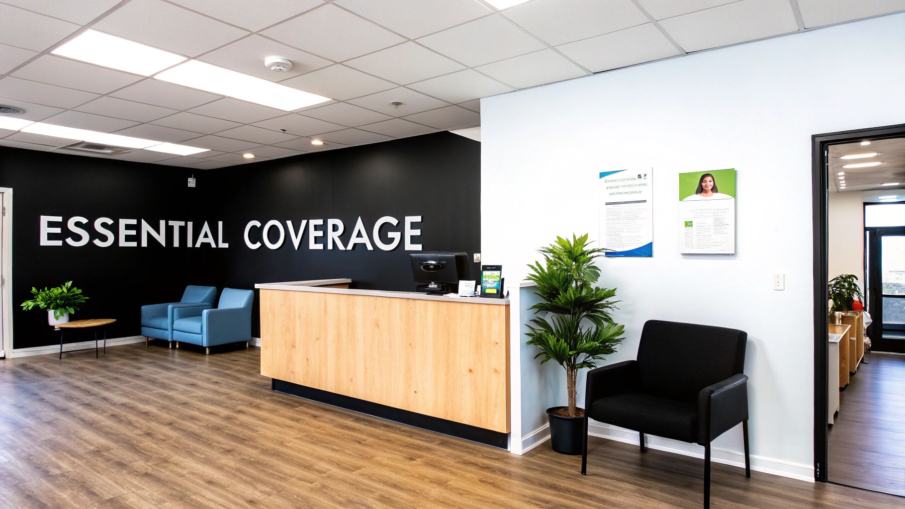 Modern office reception area with a black wall, "ESSENTIAL COVERAGE" sign, wooden desk, and blue chairs.