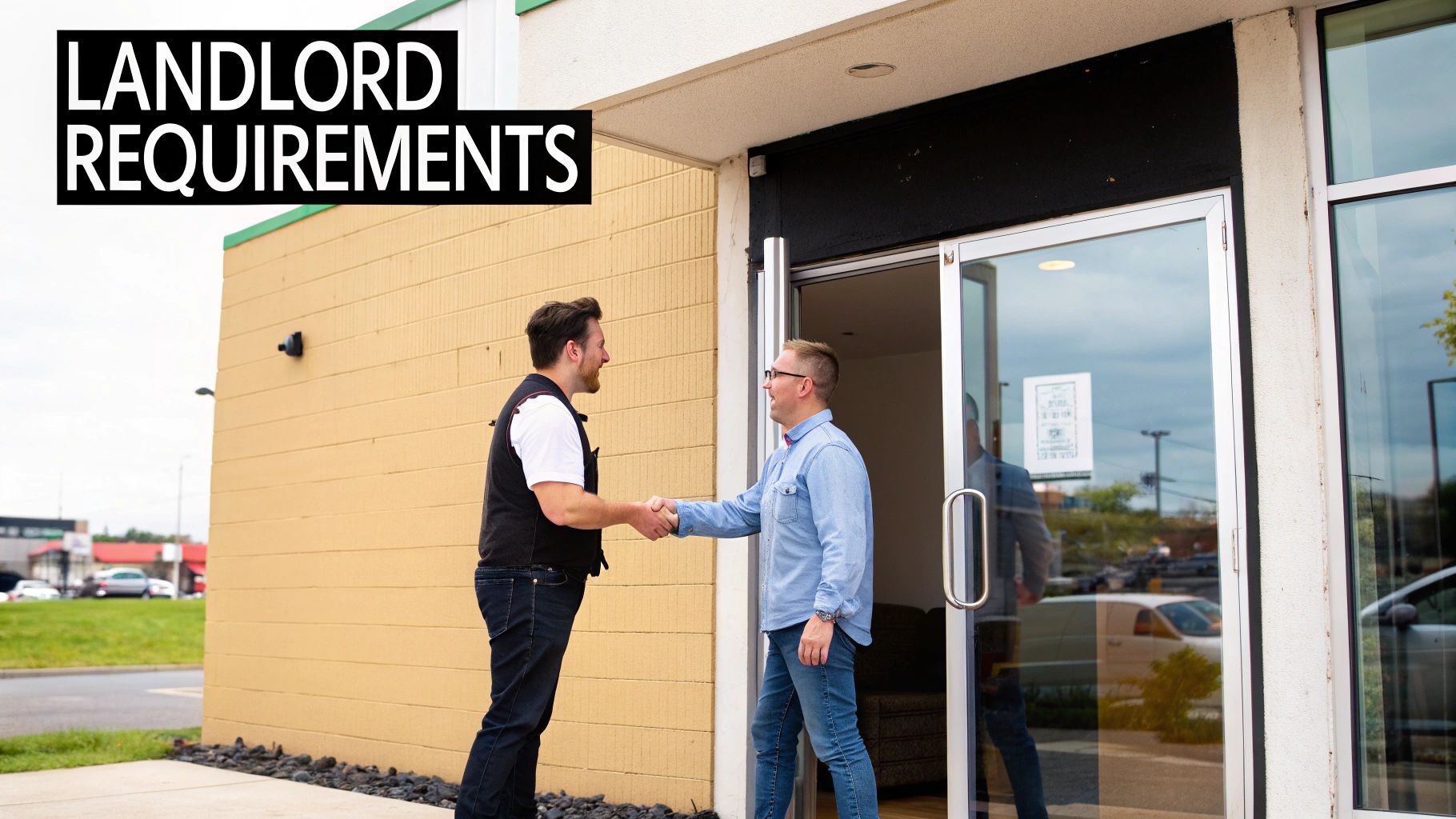 Two men shake hands outside a commercial building with "LANDLORD REQUIREMENTS" text visible.