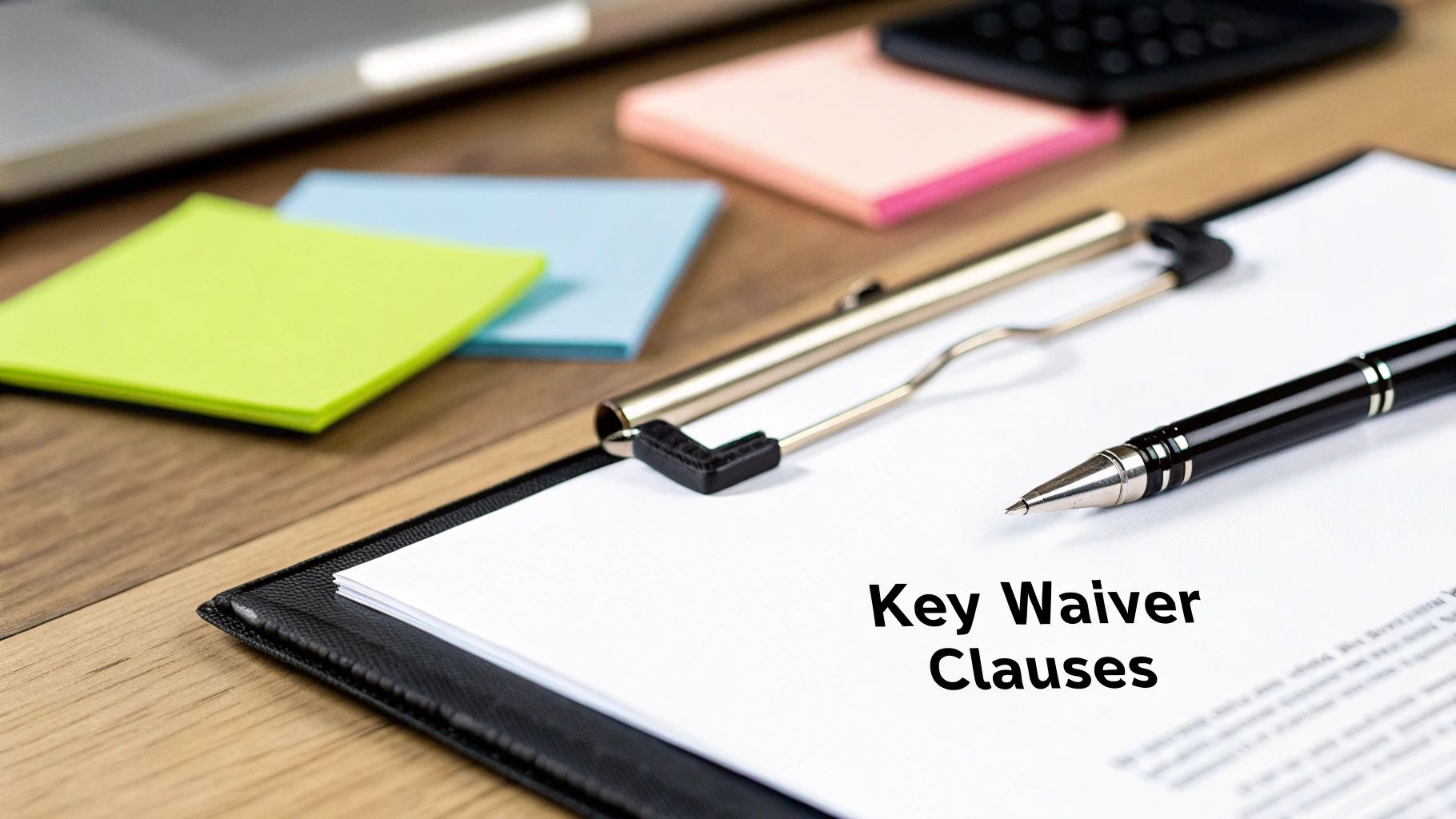 A pen on a document displaying 'Key Waiver Clauses' on a clipboard with sticky notes and a laptop in the background.