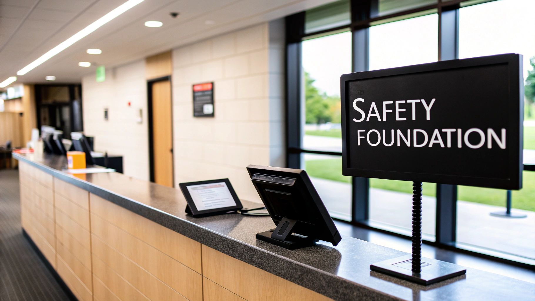 A modern reception desk with monitors, displaying a prominent black sign that reads 'SAFETY FOUNDATION'.