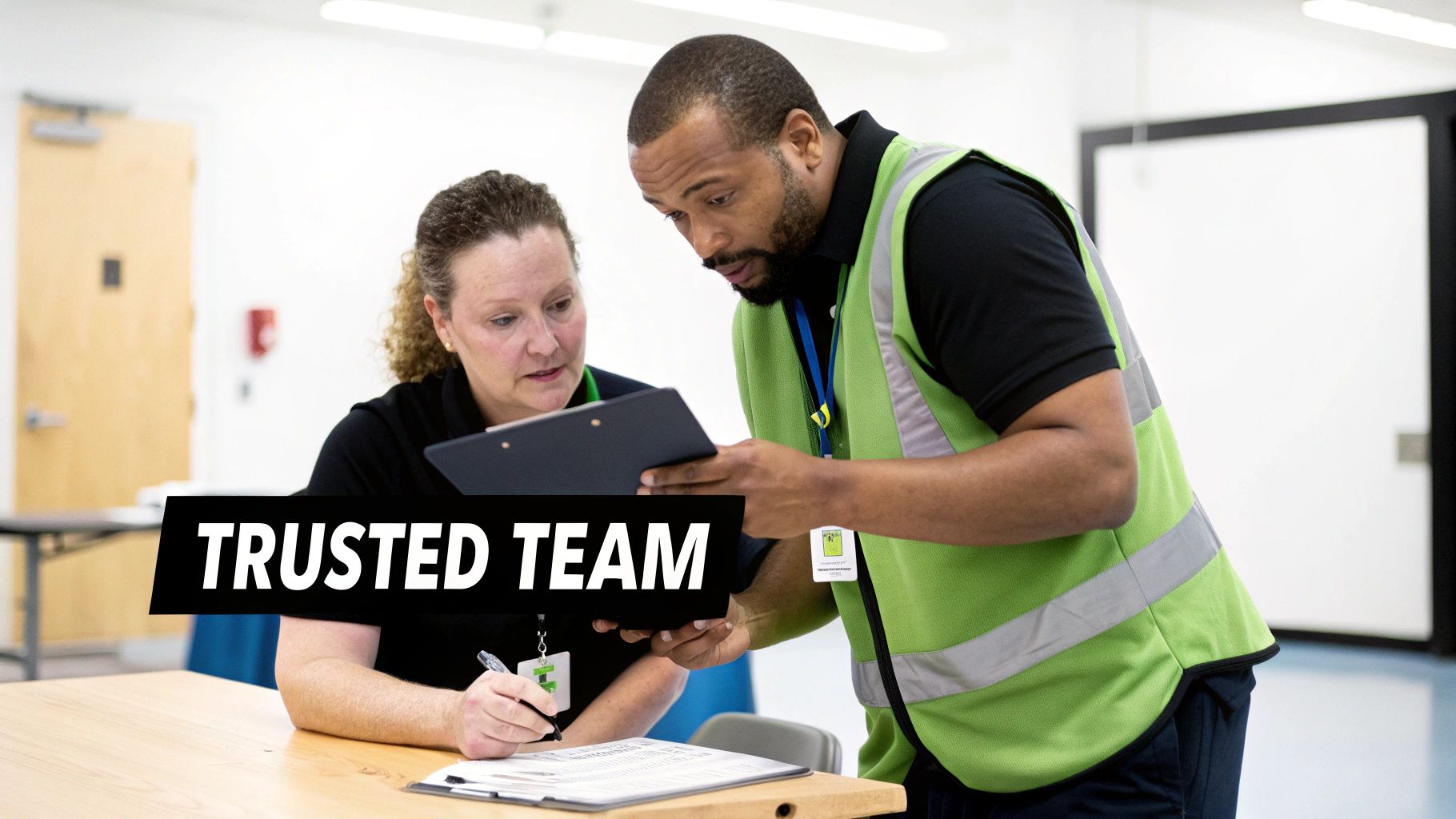 A man in a safety vest and a woman review documents on a clipboard at a table, with 'TRUSTED TEAM' overlay.