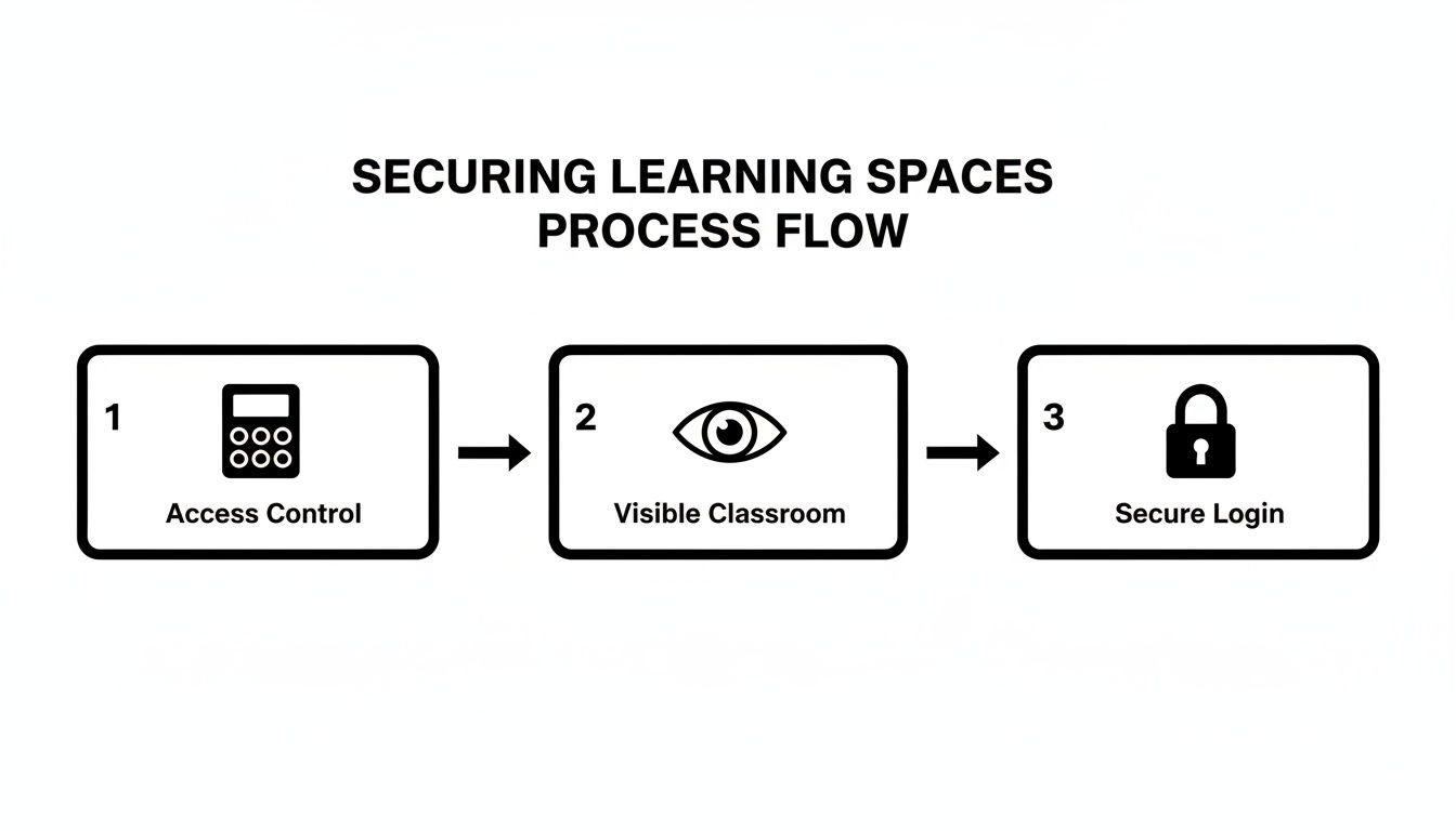 Process flow diagram outlining three steps for securing learning spaces: Access Control, Visible Classroom, and Secure Login.