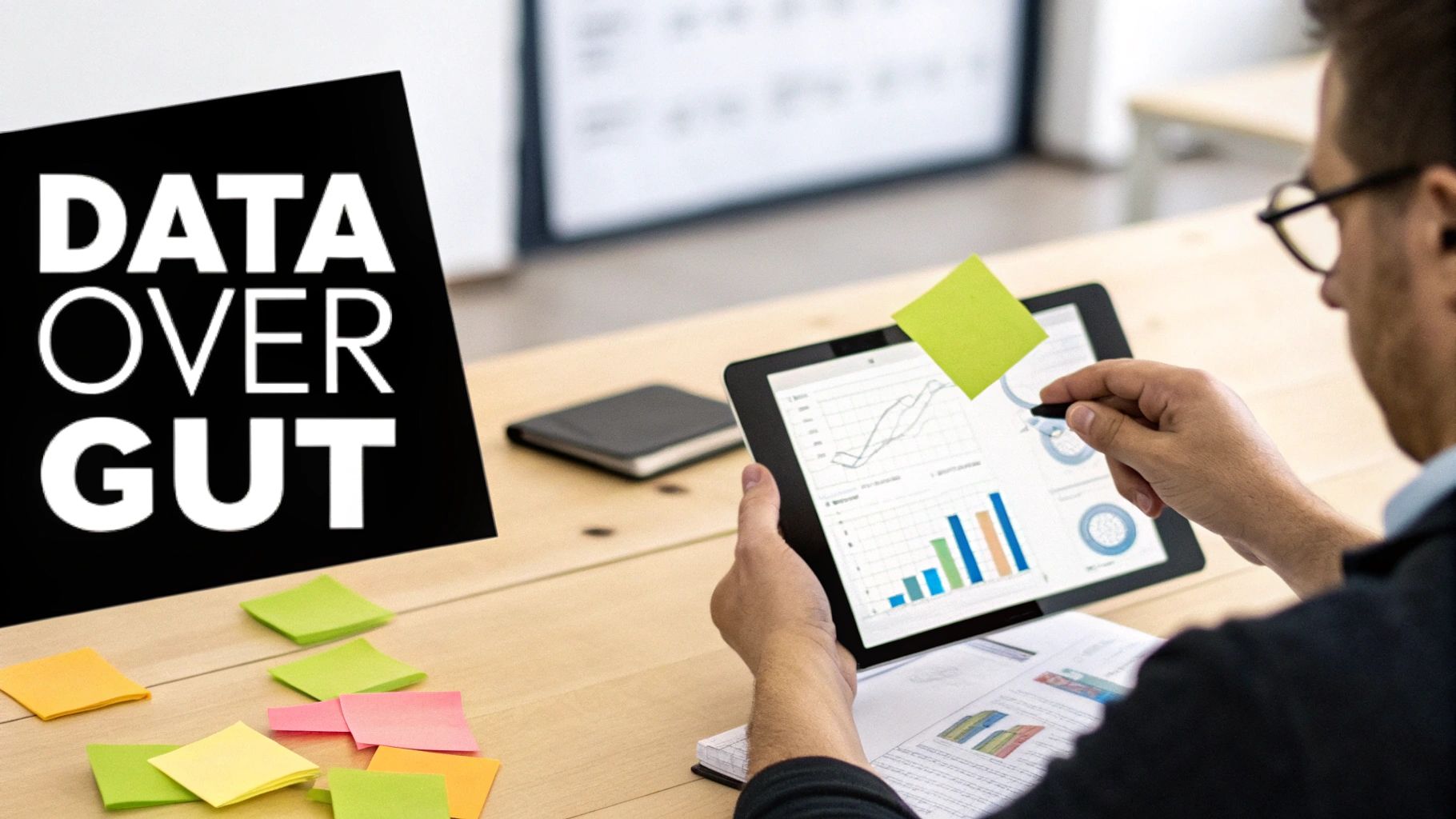 A person reviewing data visualizations on a tablet, with a 'DATA OVER GUT' sign on a desk.