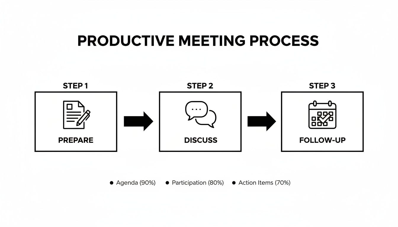 Infographic showing a productive meeting process with three steps: Prepare, Discuss, and Follow-up, highlighting key metrics.