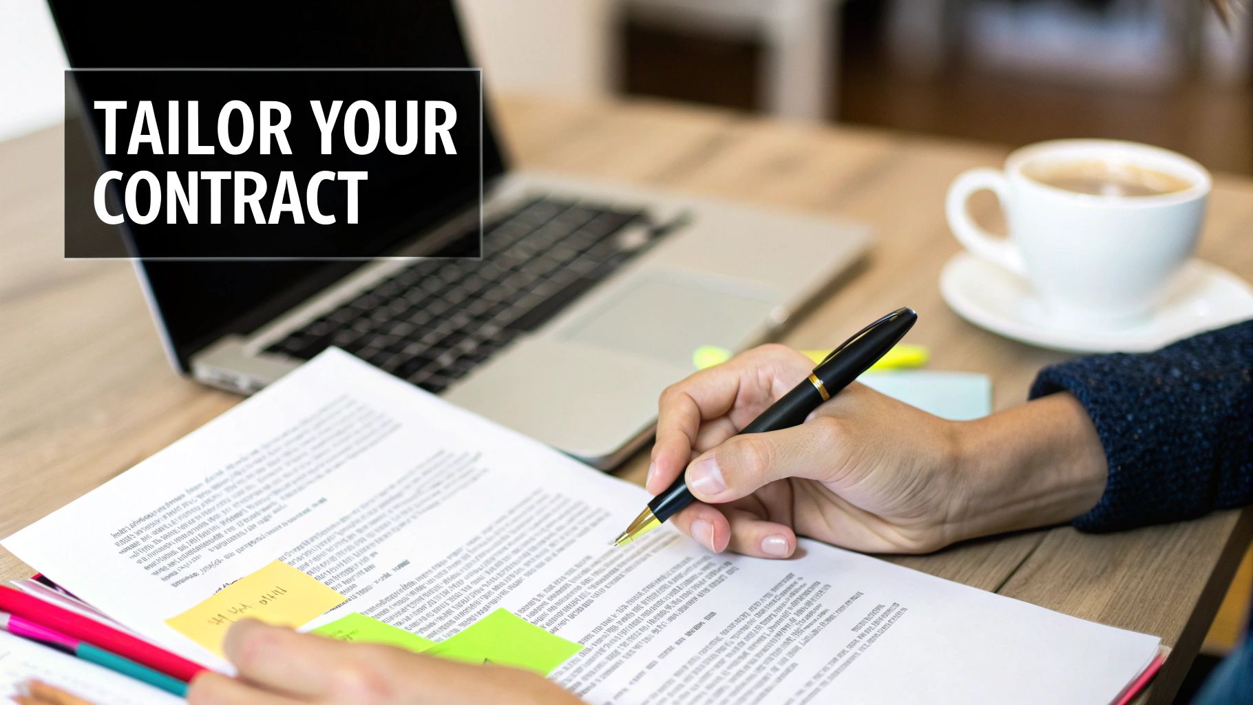 A person's hands reviewing documents with a pen, next to a laptop and a coffee cup, with text 'TAILOR YOUR CONTRACT'.