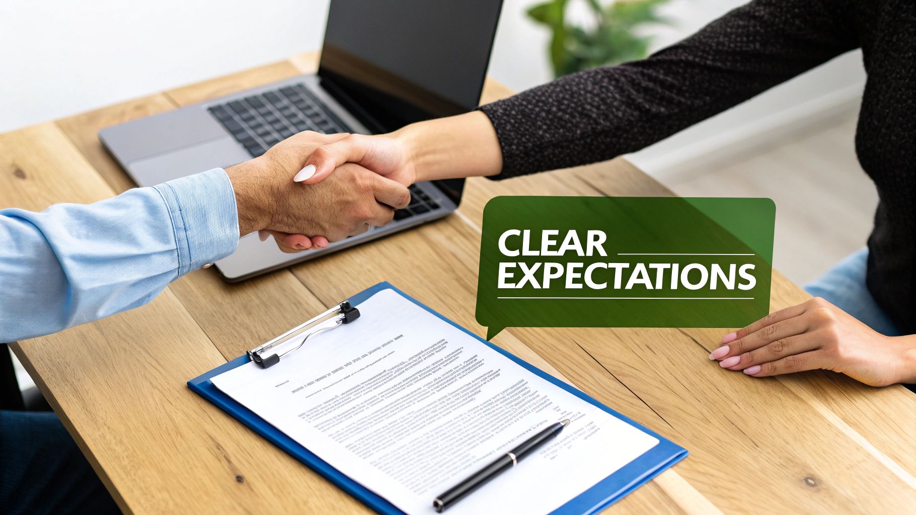 Two people shaking hands over a contract document and laptop, symbolizing clear expectations and agreement, symbolizing clear expectations and agreement.