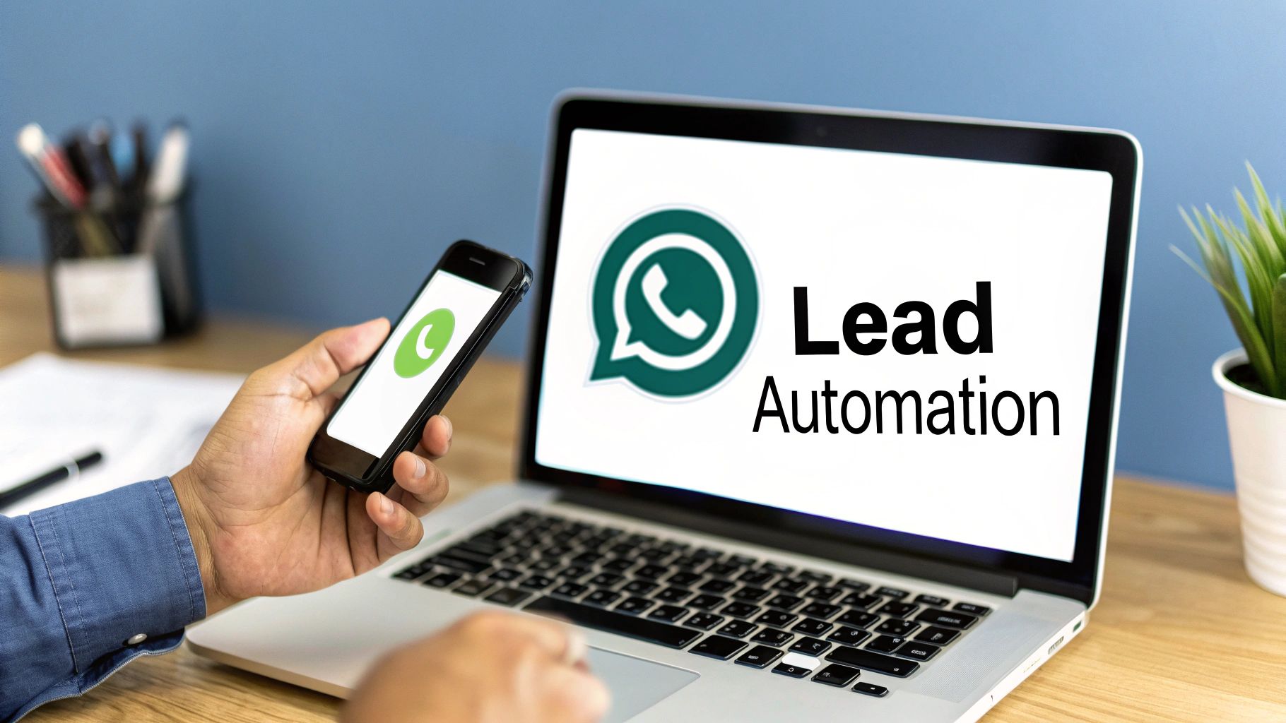 A person holds a smartphone with a green logo next to a laptop displaying a WhatsApp logo and 'Lead Automation' text.