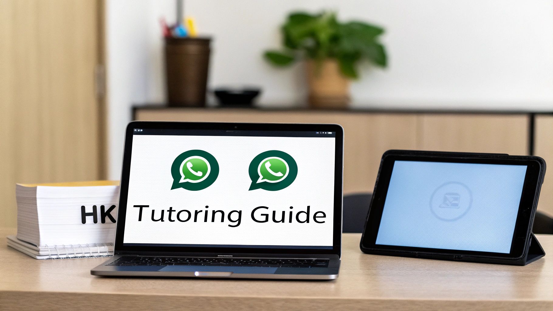 A laptop displays 'HK Tutoring Guide' with WhatsApp logos, alongside notebooks and a tablet on a desk.