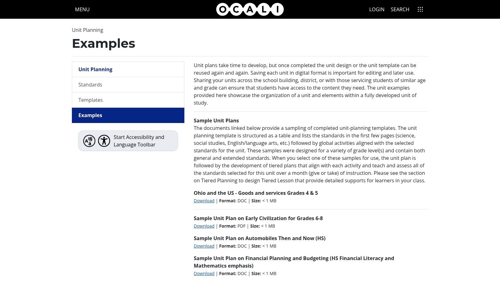 OCALI — Unit Planning Examples (PDF samples and planning forms)