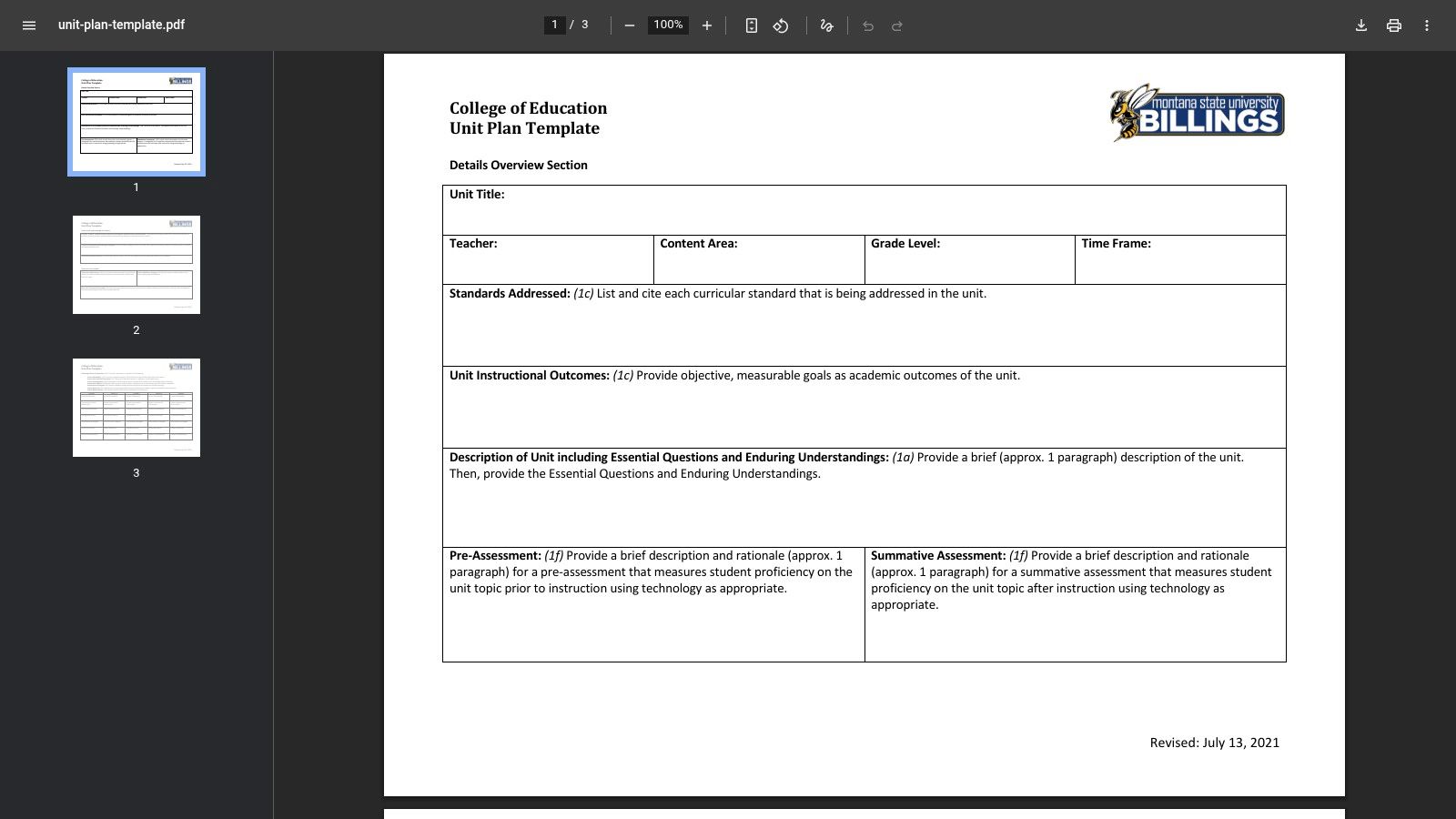 Montana State University Billings — College of Education Unit Plan Template (PDF)