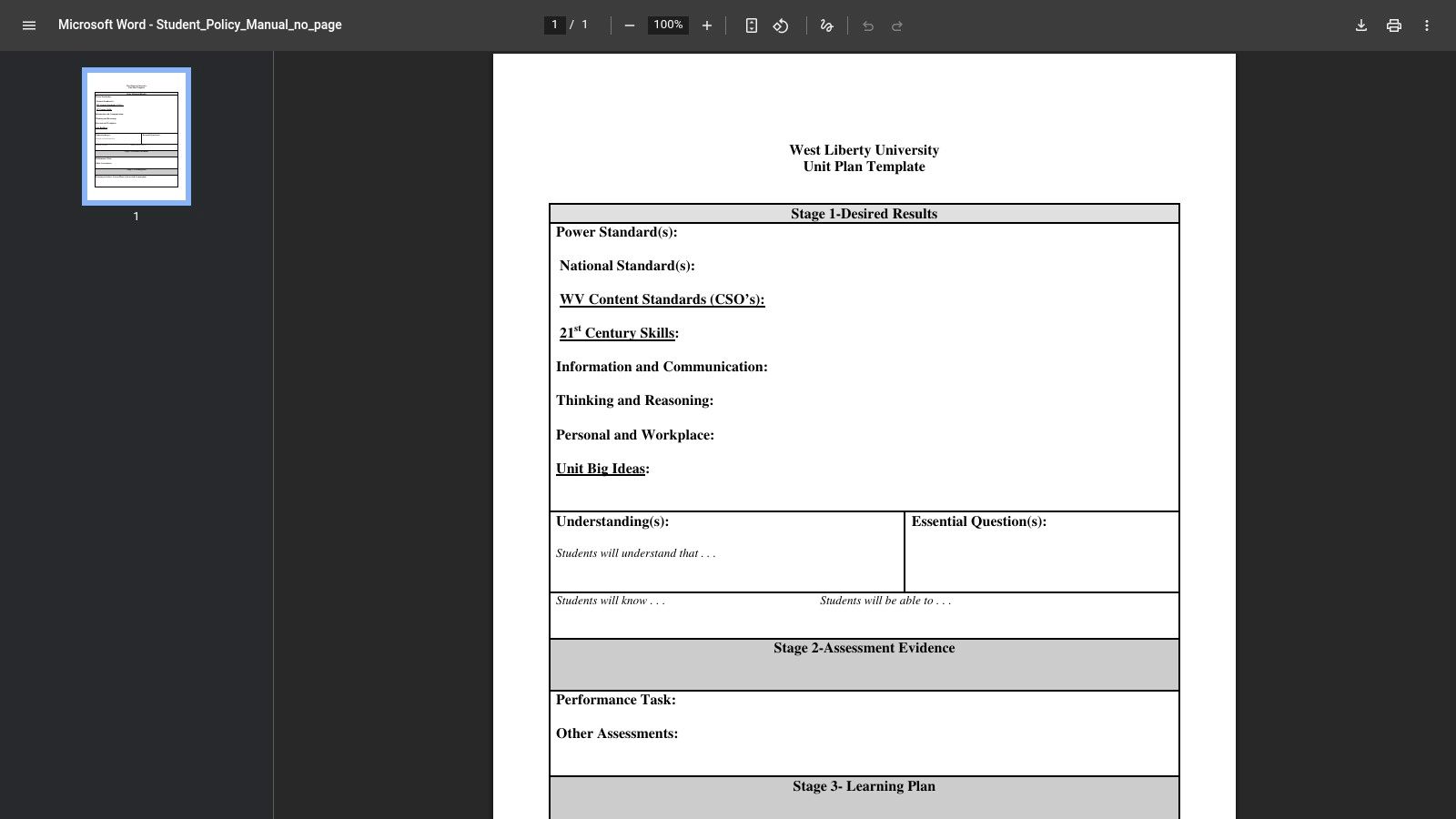 West Liberty University — Unit Plan Template (1-page PDF)