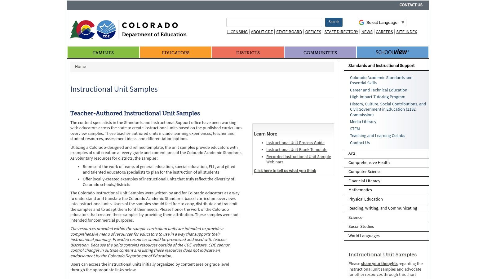 Colorado Department of Education — Instructional Unit Blank Template