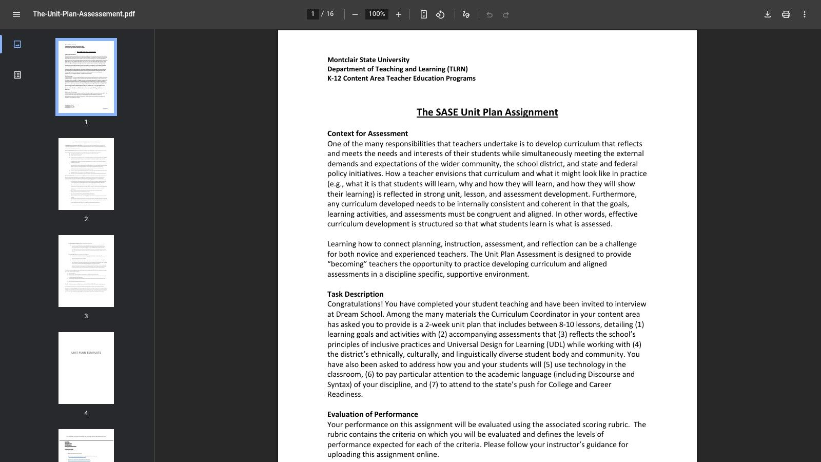 Montclair State University — The Unit Plan Assessment (PDF with Template)
