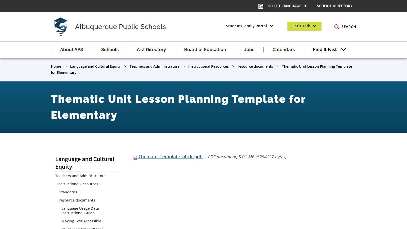 Albuquerque Public Schools — Thematic Unit Lesson Planning Template (Elementary) PDF
