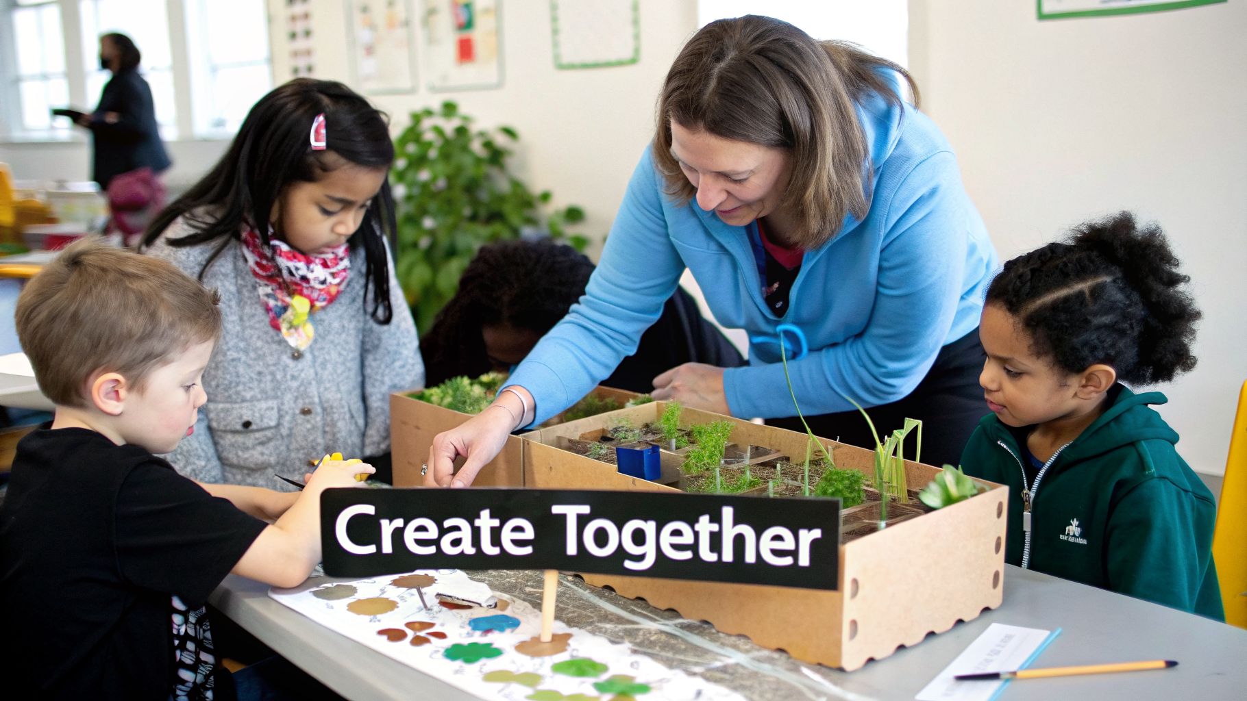 An adult and children learning about plants and creating together in a classroom.