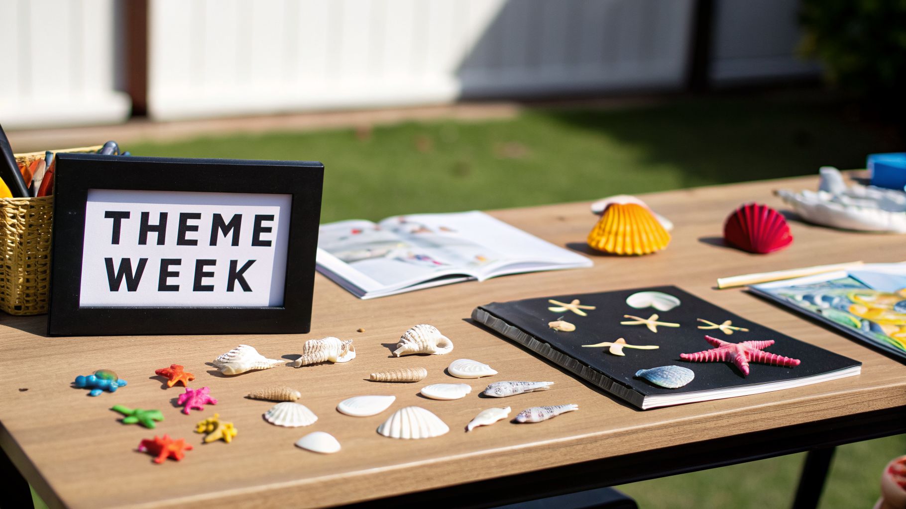 A table displays a 'THEME WEEK' sign, open books, and various sea-themed items like seashells and starfish.