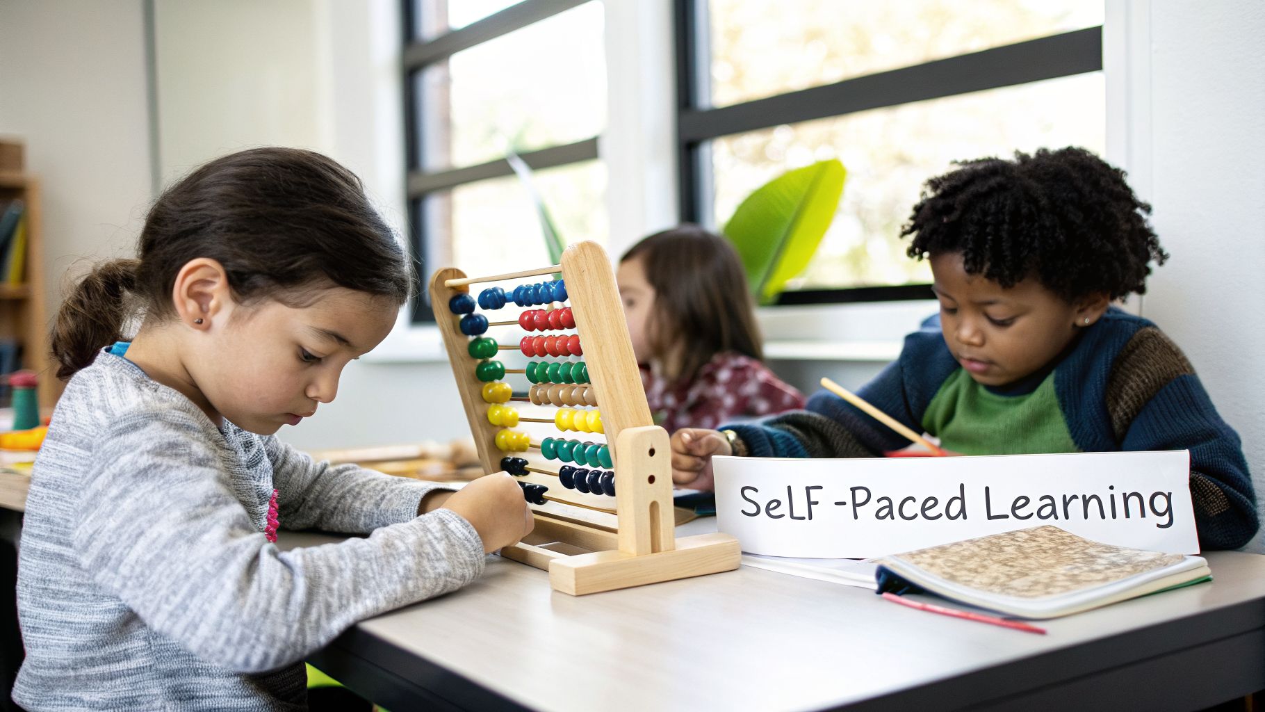 Diverse preschool children engaged in self-paced learning, with one using an abacus and another drawing.