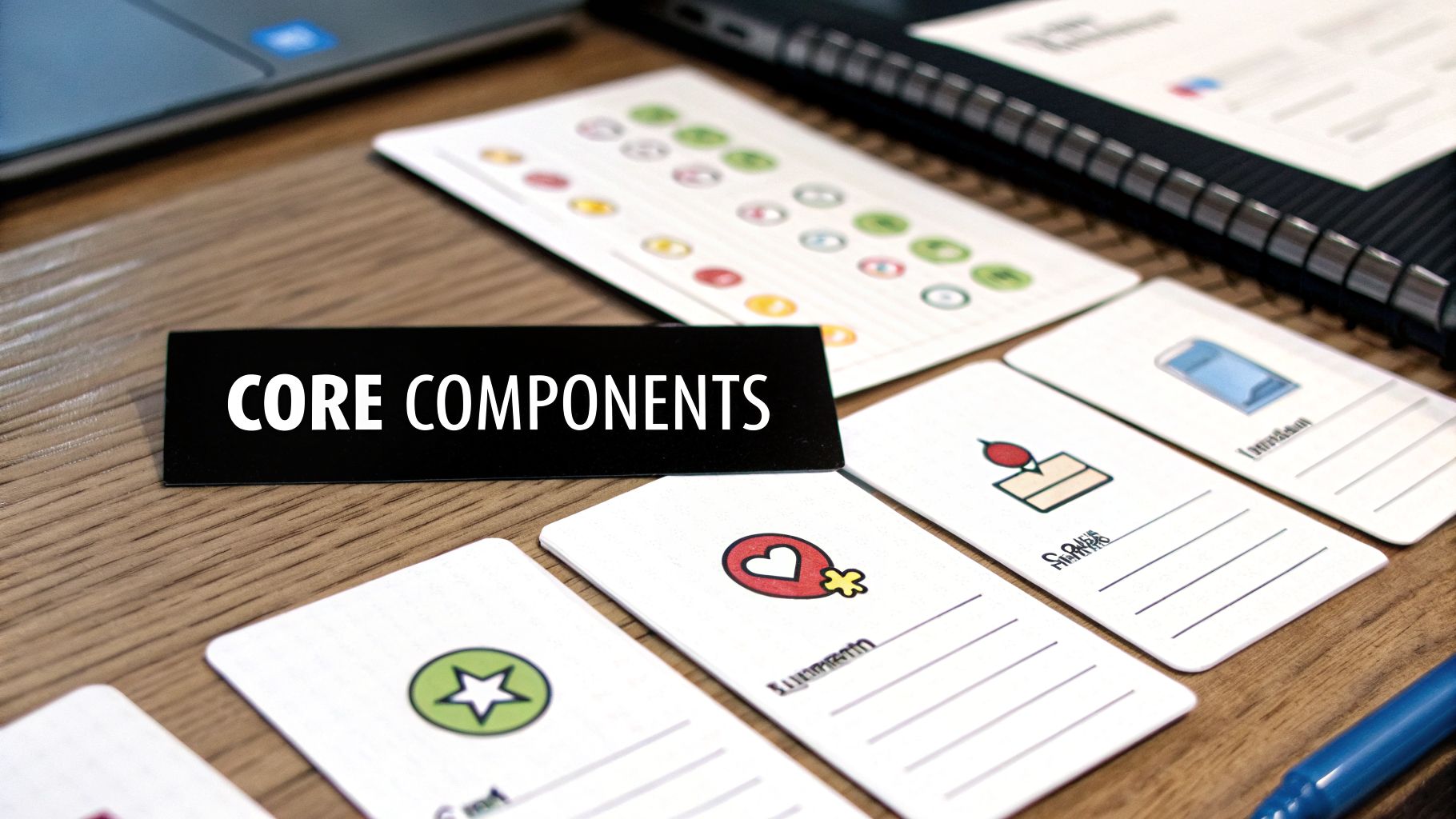 A black sign reading 'CORE COMPONENTS' on a wooden desk with various icon cards and a laptop.