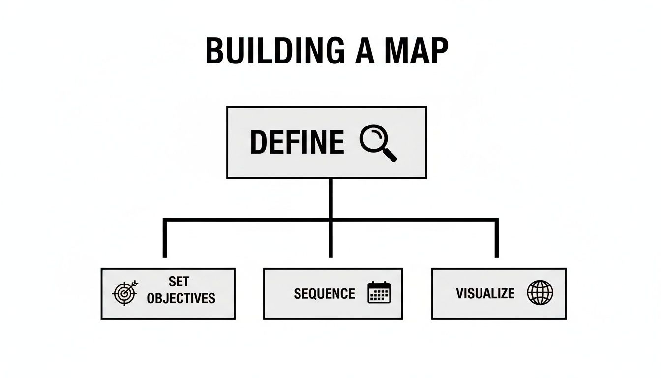 A flowchart titled 'Building a Map' outlining steps: 'Define', 'Set Objectives', 'Sequence', and 'Visualize'.