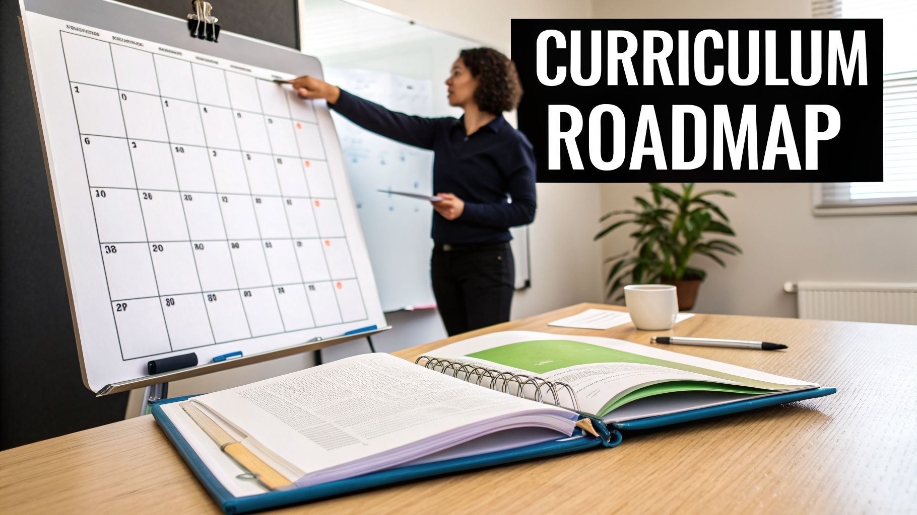 A woman points to a large calendar on a whiteboard, representing a curriculum roadmap for education.