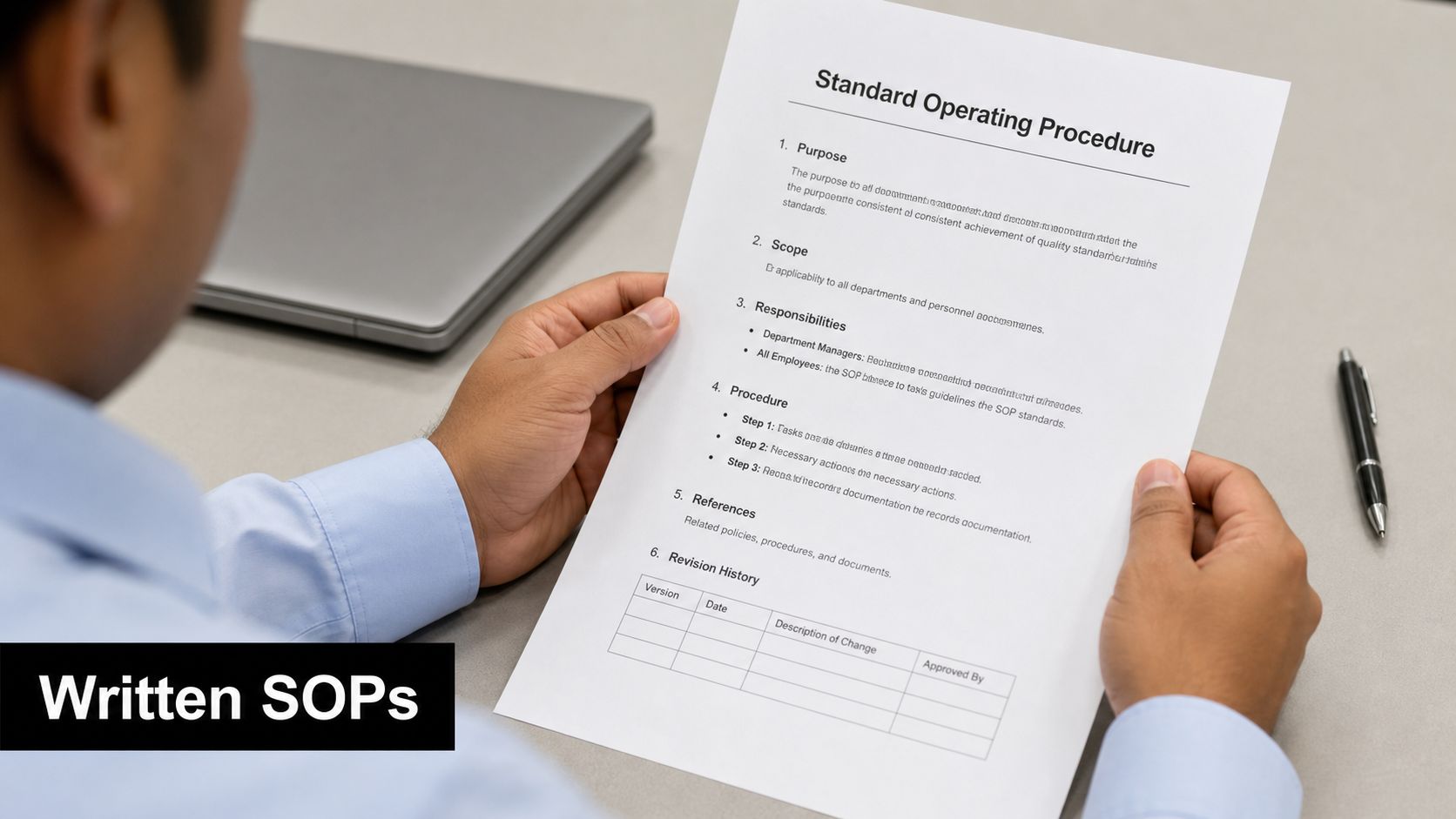 A person holding a document labeled Standard Operating Procedure while seated at a desk with a laptop.