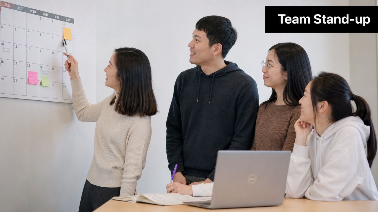 A diverse team of four young professionals collaborating on a project during a team stand-up meeting.