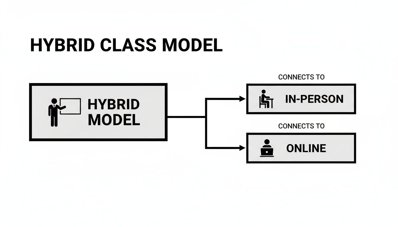 Diagram illustrating a hybrid class model, connecting to both in-person and online learning environments.