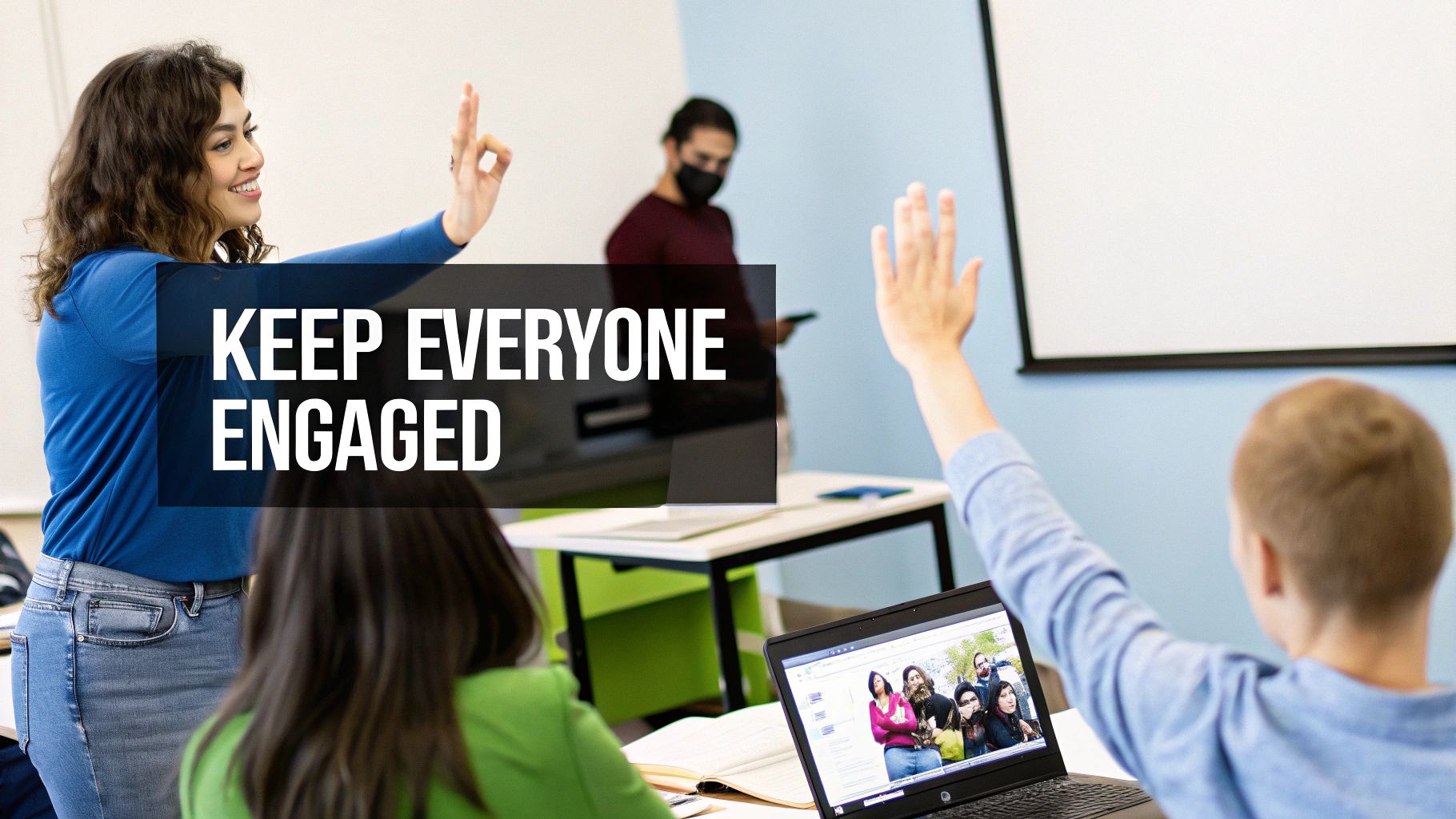 A diverse classroom with a smiling teacher and students engaged, one student is on a video call.