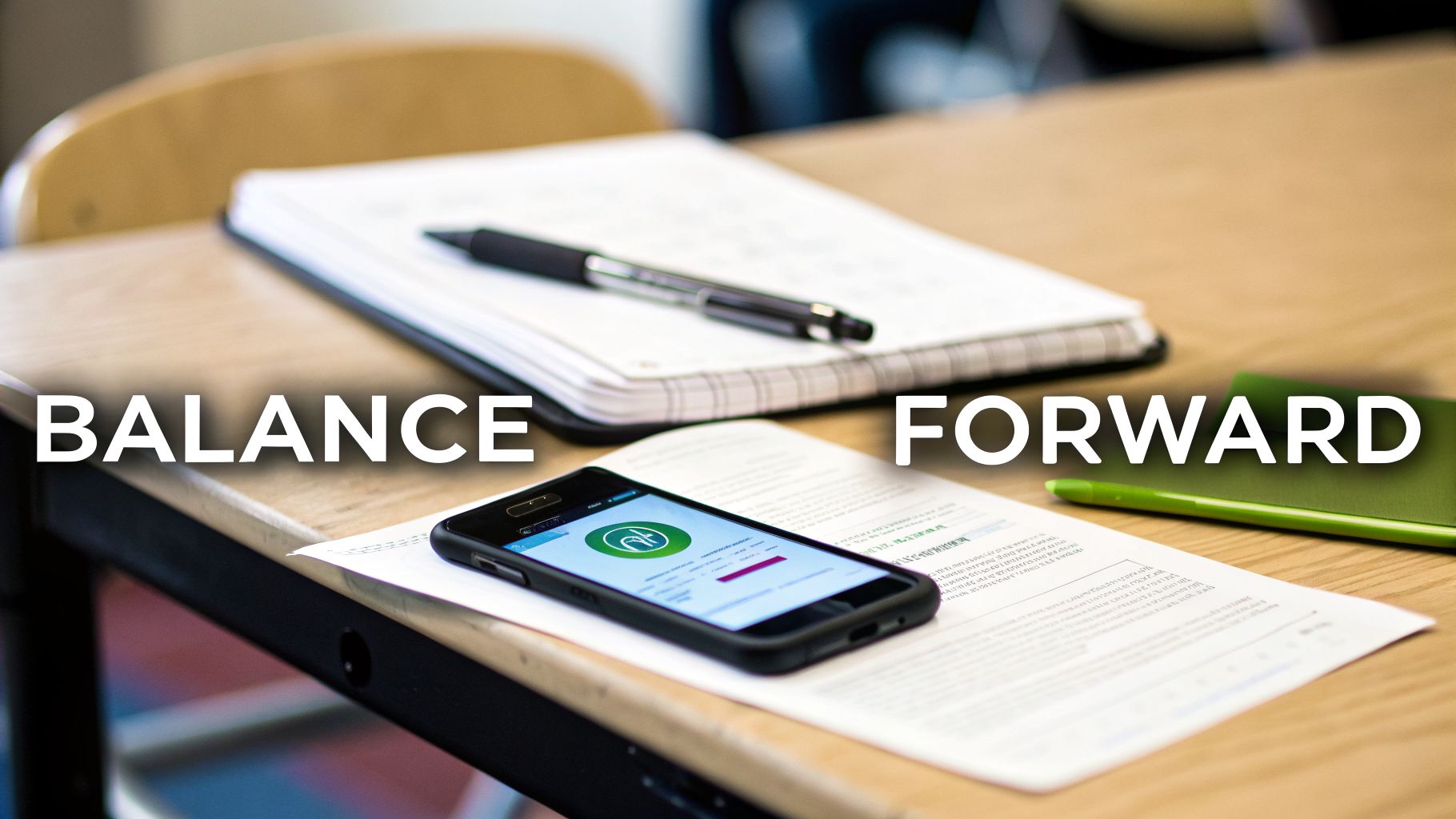 A desk setup with a smartphone displaying a green financial app, notebook, and pens.