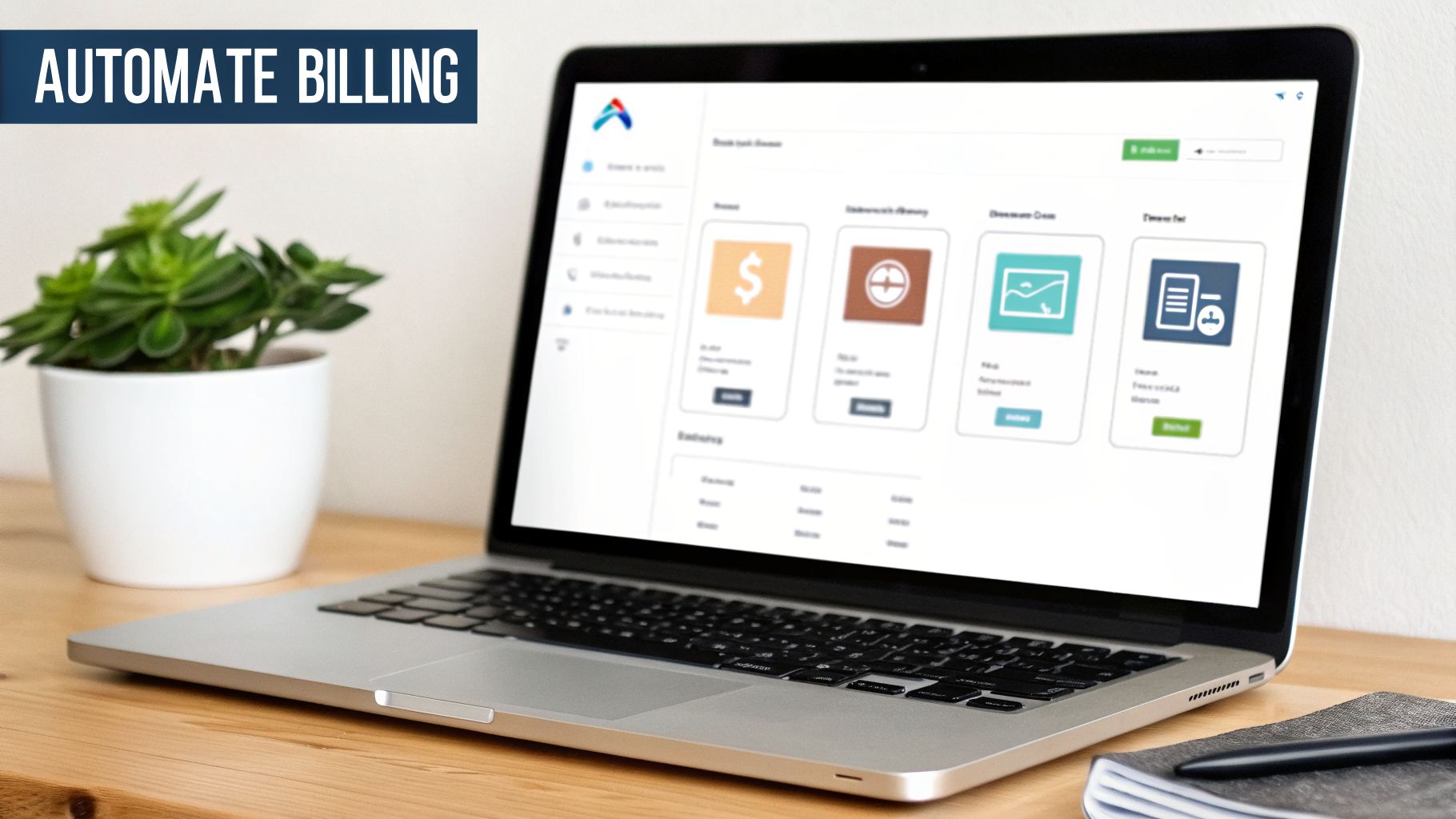 Laptop screen displaying a business software interface with the text 'AUTOMATE BILLING' highlighted, next to a potted plant.