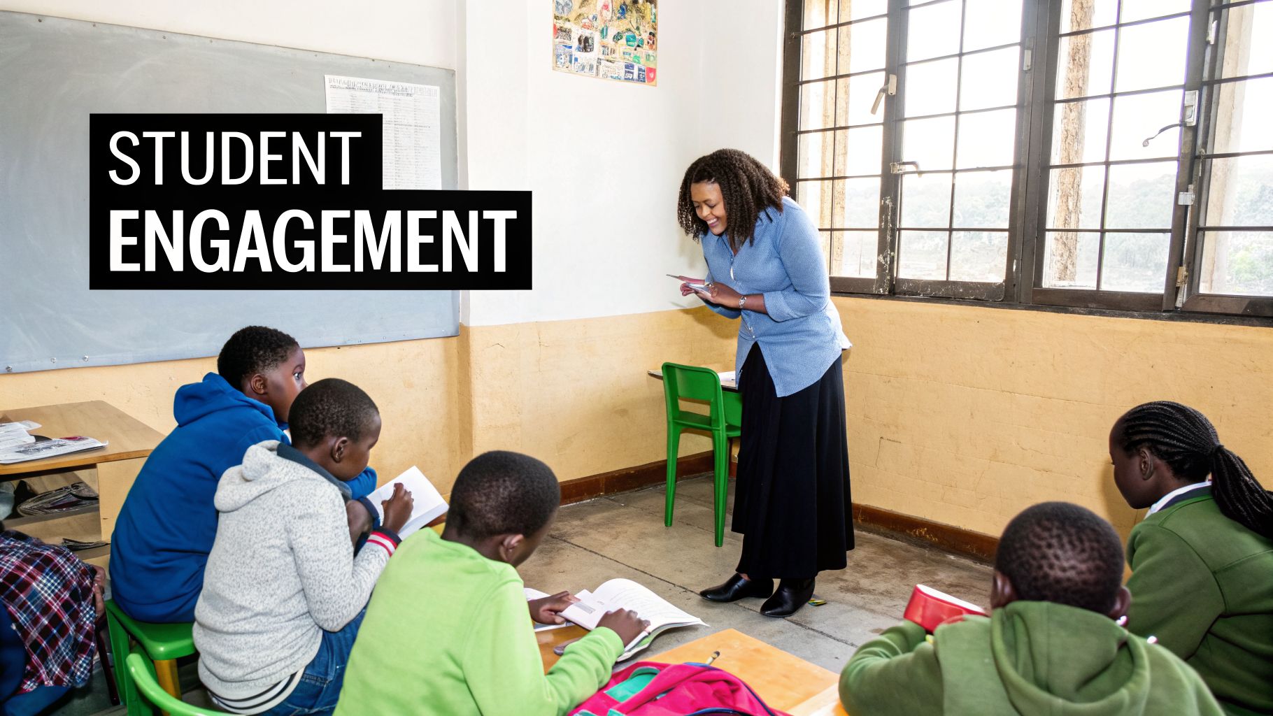 A smiling teacher engages with diverse students in a classroom during a lesson.