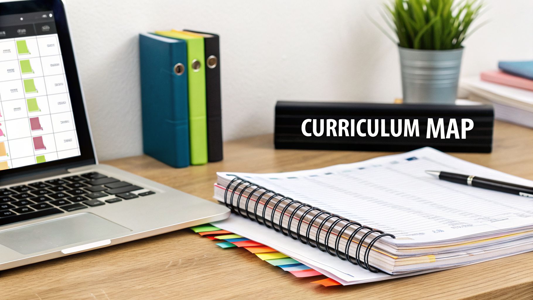 A well-organized desk setup with a laptop, binders, a notebook, and 'CURRICULUM MAP' displayed.