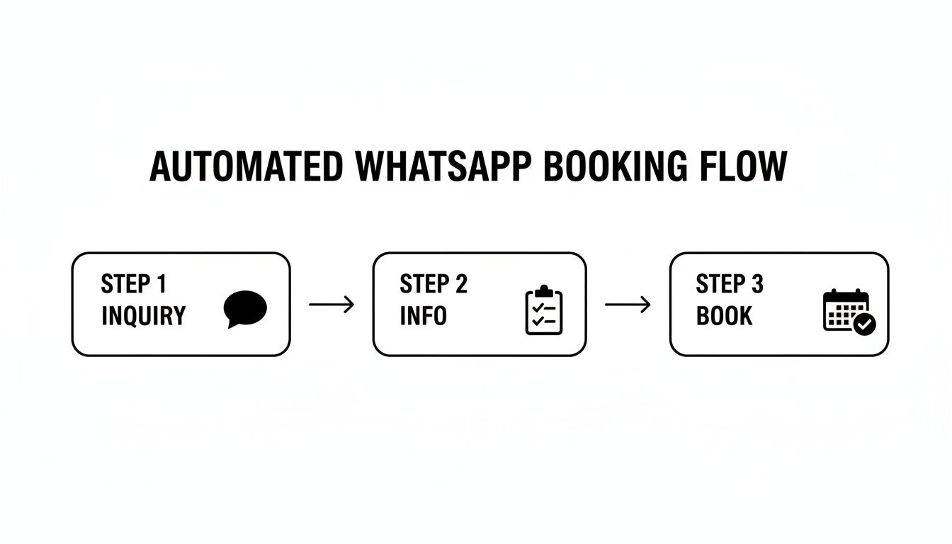 Flowchart illustrating an automated WhatsApp booking system with three steps: inquiry, info, and booking.
