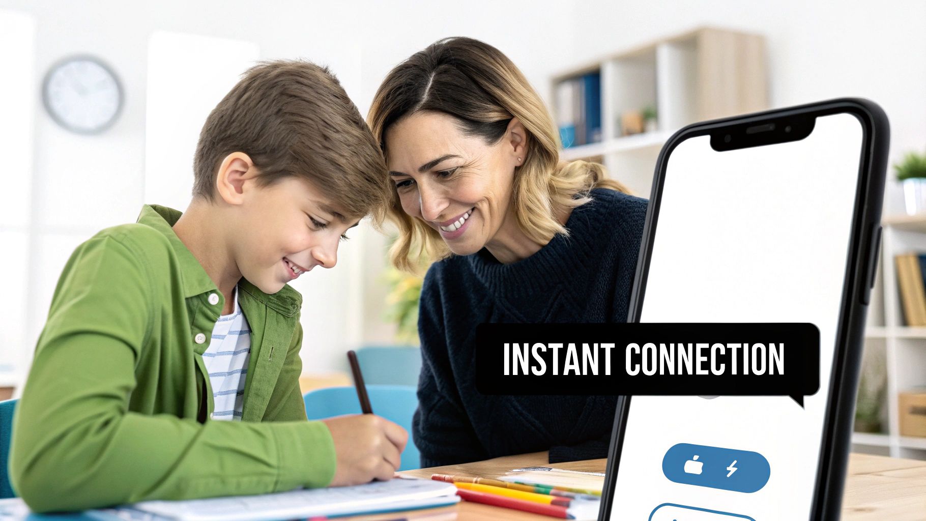 A smiling woman and boy studying together, with a smartphone displaying 'Instant Connection'.