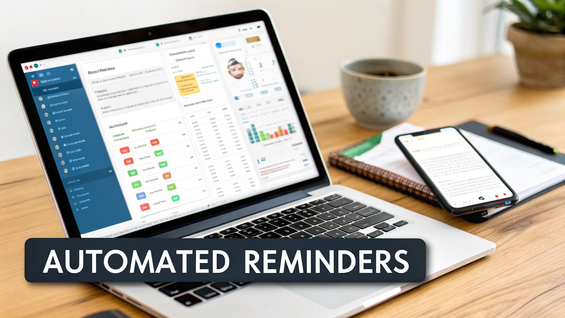 A desk setup with a laptop showing a business dashboard, a phone, and coffee, featuring 'AUTOMATED REMINDERS' text.