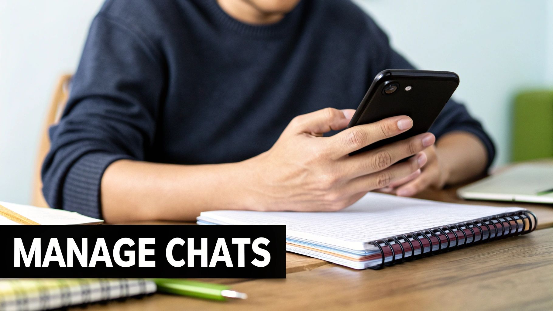 A person holds a black smartphone, managing chats, with a notebook and pen on a wooden desk.