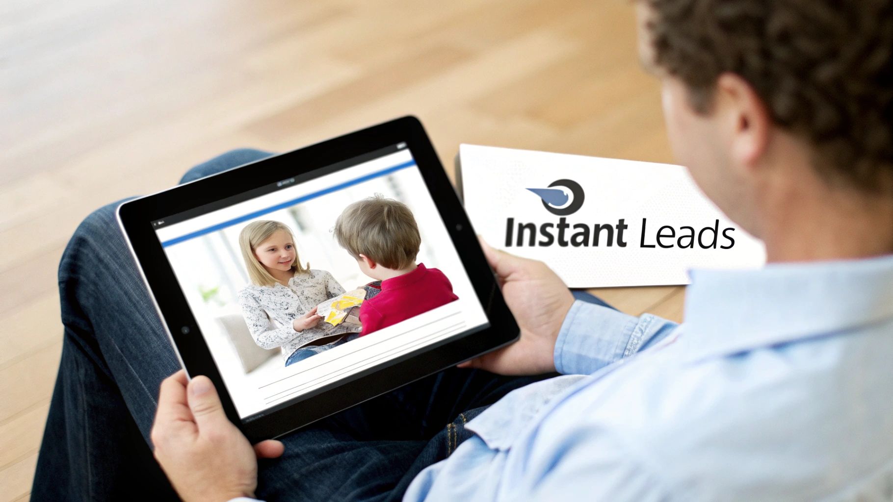 A man holds a tablet displaying two children reading a book, with an 'Instant Leads' card beside it.