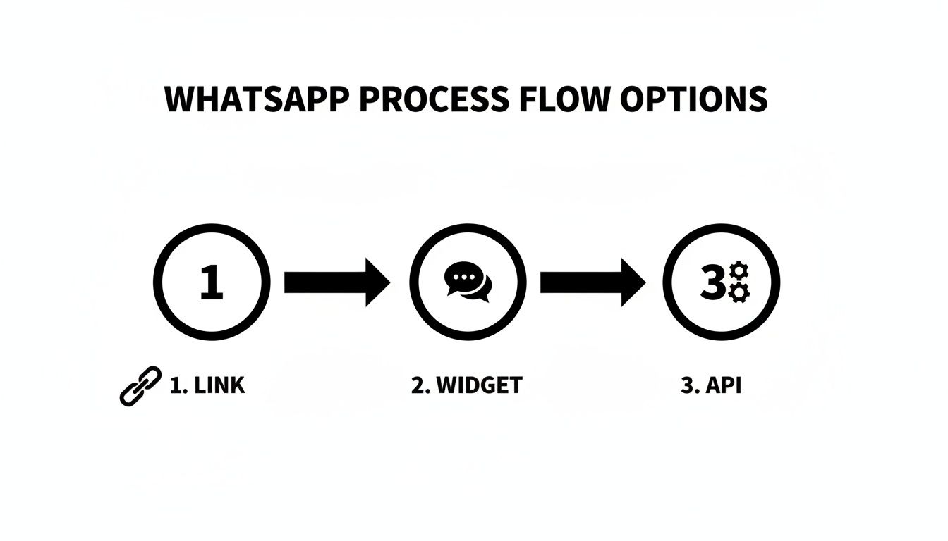 Flowchart illustrating three WhatsApp process options: Link, Widget, and API integration methods.