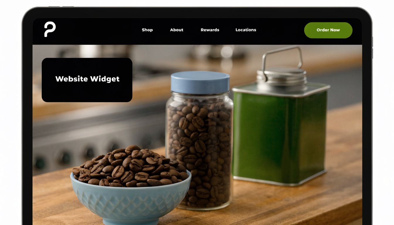 A digital tablet displaying a website homepage featuring a widget and coffee bean imagery for customers.