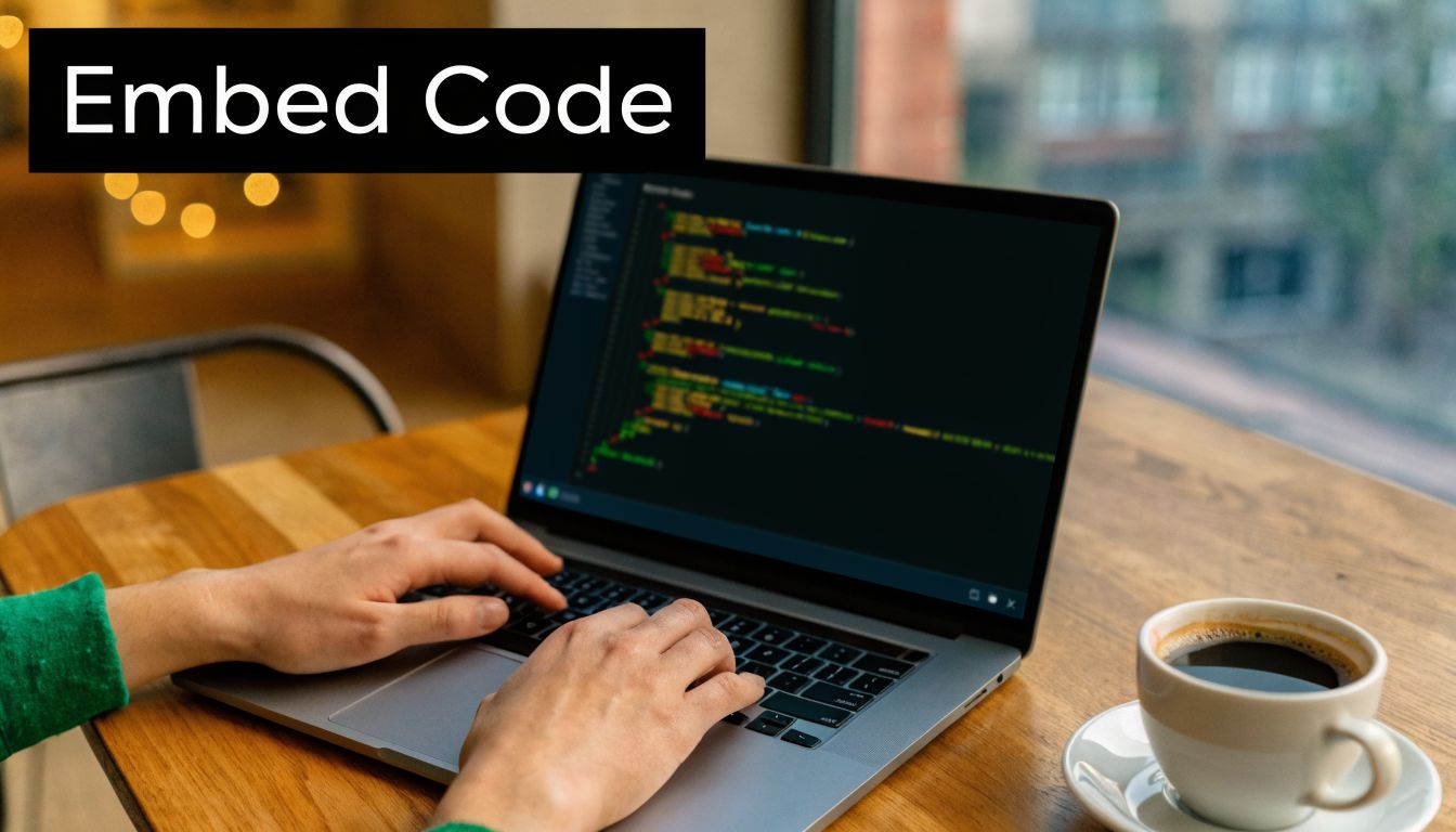 A person coding on a laptop at a wooden desk with a cup of coffee.