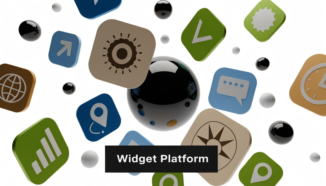 A 3D illustration featuring various colorful app icons and spheres floating around a centered Widget Platform label.