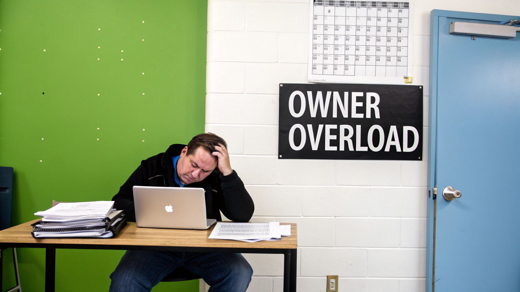 A stressed man, likely a business owner, works on a laptop below an 'OWNER OVERLOAD' sign.