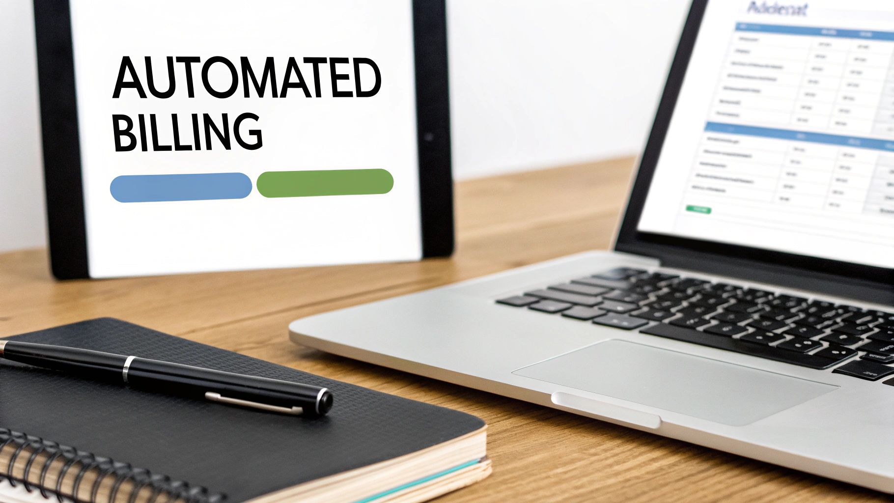 A tablet displays 'AUTOMATED BILLING' next to a laptop showing a billing spreadsheet, with a notebook and pen on a wooden desk.