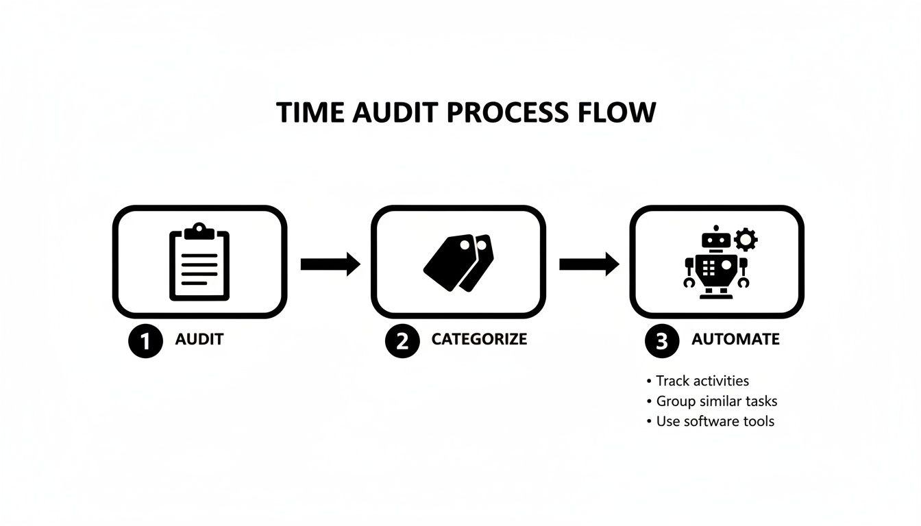 Process flow showing three steps: Audit, Categorize, and Automate, for effective time management.